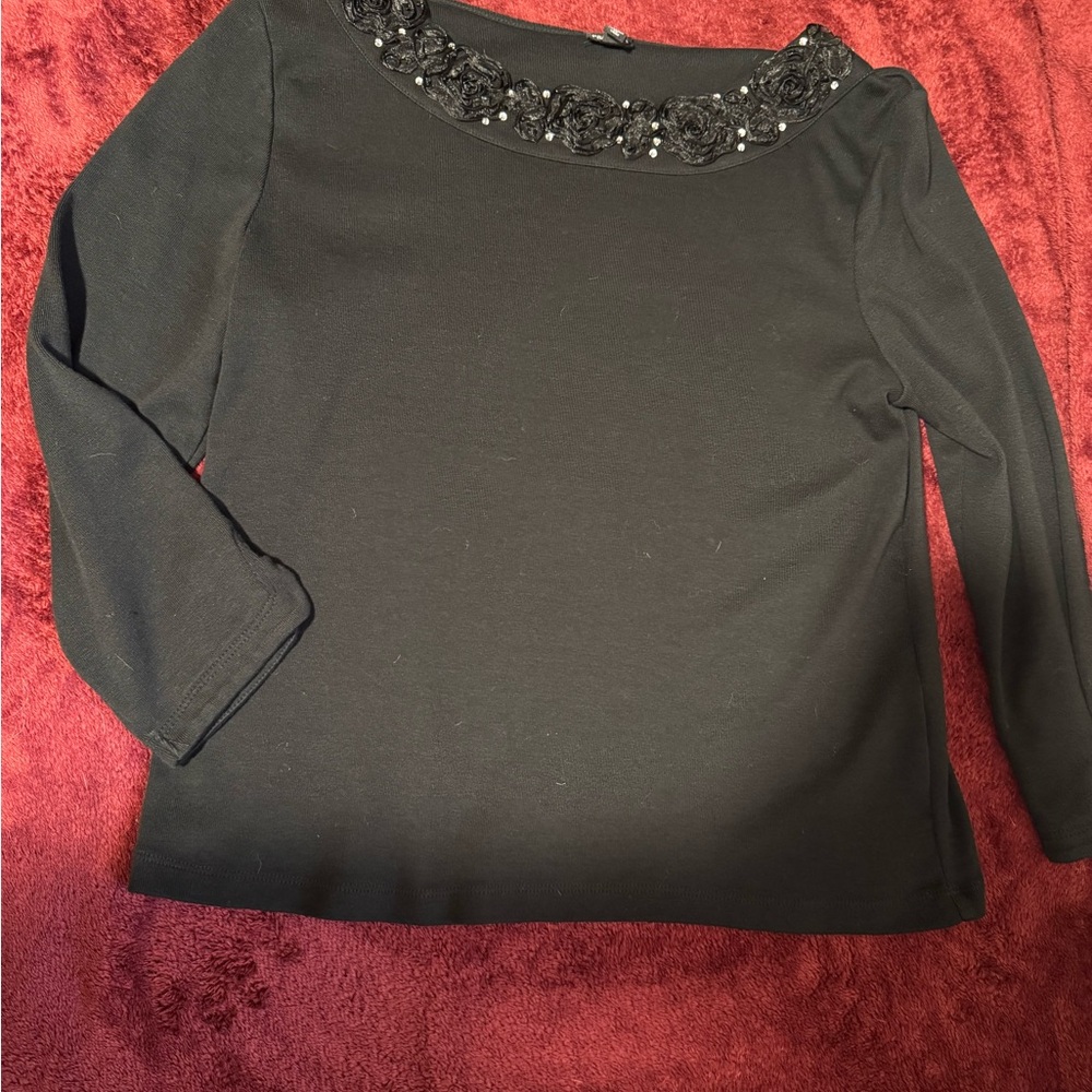 Rafaella Black Long Sleeve Top with Embellished Neckline